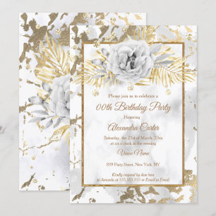 Invitación Mármol blanco dorado Rosa Floral Fiesta de Cumplea