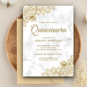 Invitación Mármol Blanco Dorado Vintage Encaje Country Quince