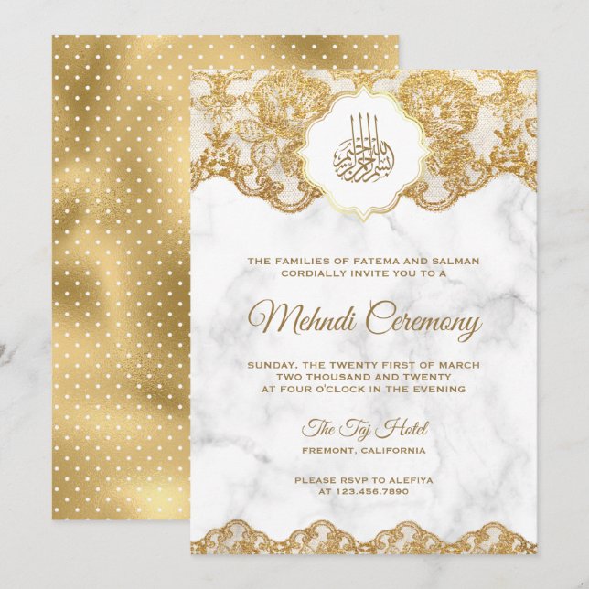 Invitación Mármol Blanco Encaje de Hoja de Oro Islámico Mehnd (Anverso / Reverso)