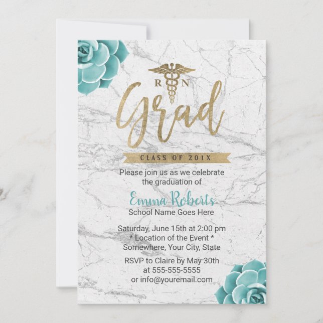 Invitación Mármol blanco floral de la fiesta de graduación de (Anverso)