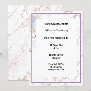 INVITACIÓN MÁRMOL BLANCO LILAC PURPLE THIN TRIM CUMPLEAÑOS