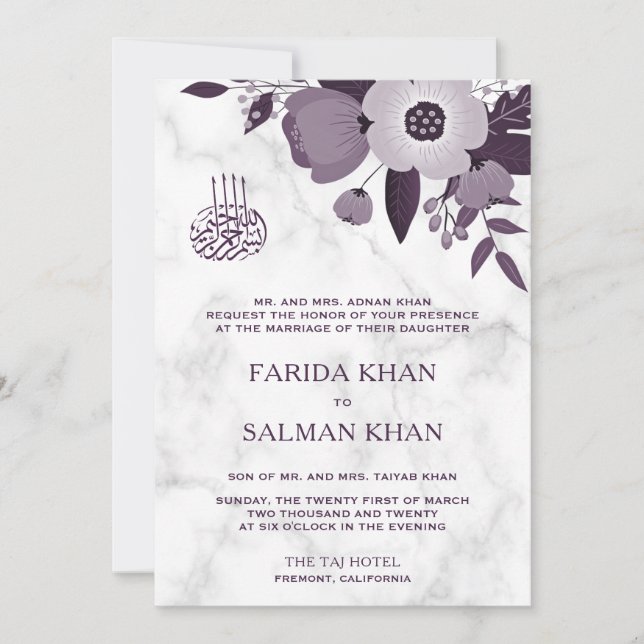 Invitación Mármol blanco morado oscuro Boda islámico (Anverso)