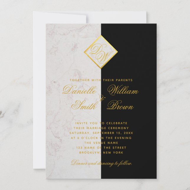 Invitación Mármol Blanco Negro Monograma Oro Boda Elegante (Anverso)