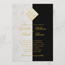 Invitación Mármol Blanco Negro Monograma Oro Boda Elegante