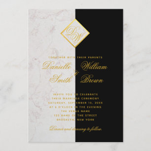 Invitación Mármol Blanco Negro Monograma Oro Boda Elegante