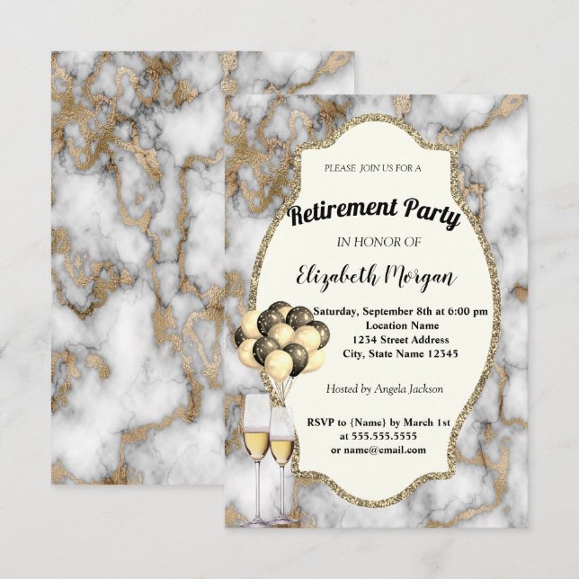 Invitación Mármol blanco, vidrio de vino, balones, Fiesta de  (Anverso / Reverso)