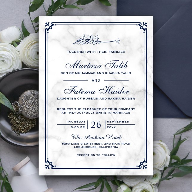 Invitación Mármol blanco y Boda musulmana de la frontera azul (Subido por el creador)
