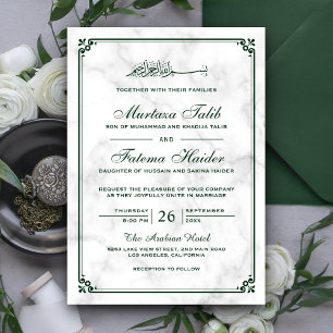 Invitación Mármol blanco y Boda musulmana de la frontera verd