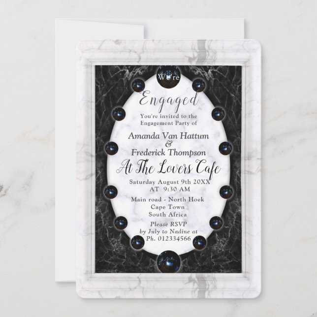 Invitación Mármol blanco y negro opulento + Esferas (Anverso)