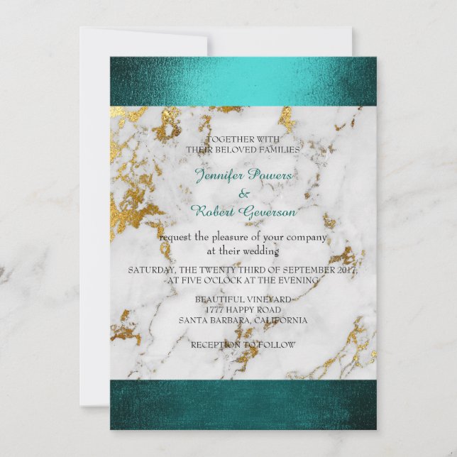 Invitación Mármol boda Gris blanco Verde Verde azulado dorado (Anverso)