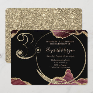 Invitación  Mármol Burgundy con purpurina dorada Cumpleaños 3