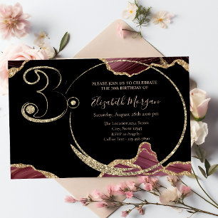 Invitación  Mármol Burgundy con purpurina dorada Cumpleaños 3