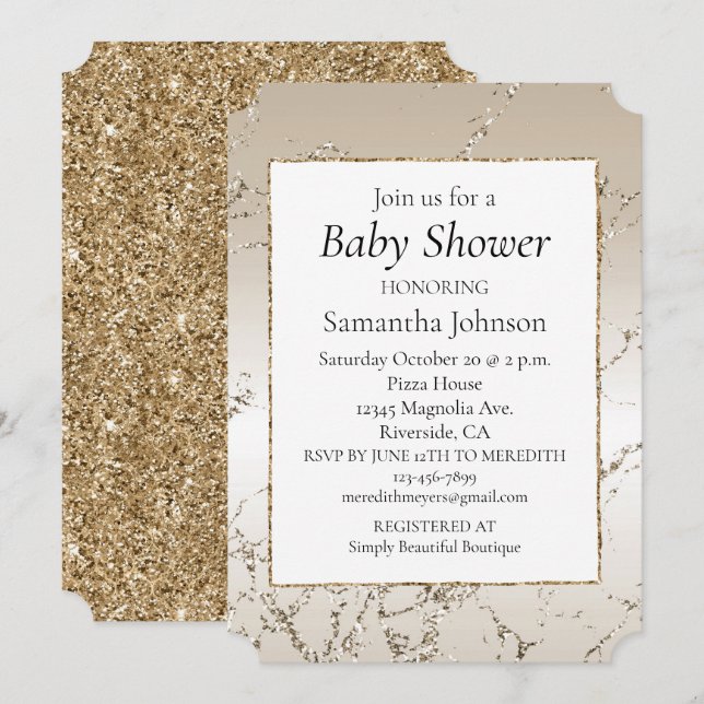 Invitación Mármol con brillo de ombre dorado y blanco (Anverso / Reverso)