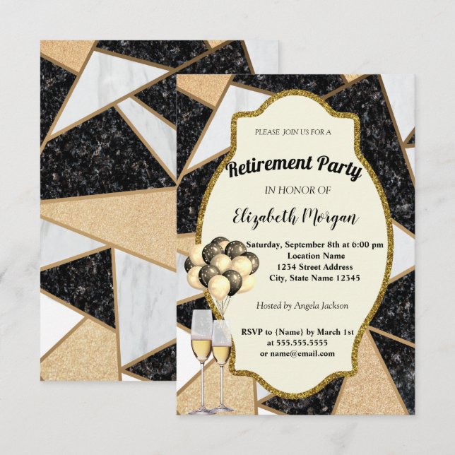 Invitación Mármol, Copa de vino, Globos, Fiesta de jubilación (Anverso / Reverso)