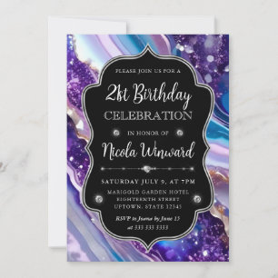 Invitación Mármol de ágata con brillo azul y morado Cumpleaño
