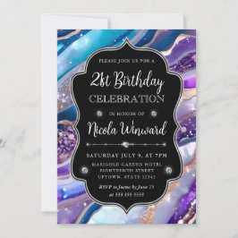 Invitación Mármol de ágata con brillo azul y púrpura Cumpleañ