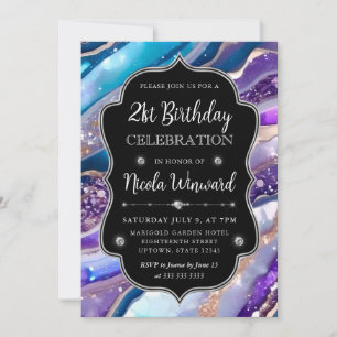 Invitación Mármol de ágata con brillo azul y púrpura Cumpleañ