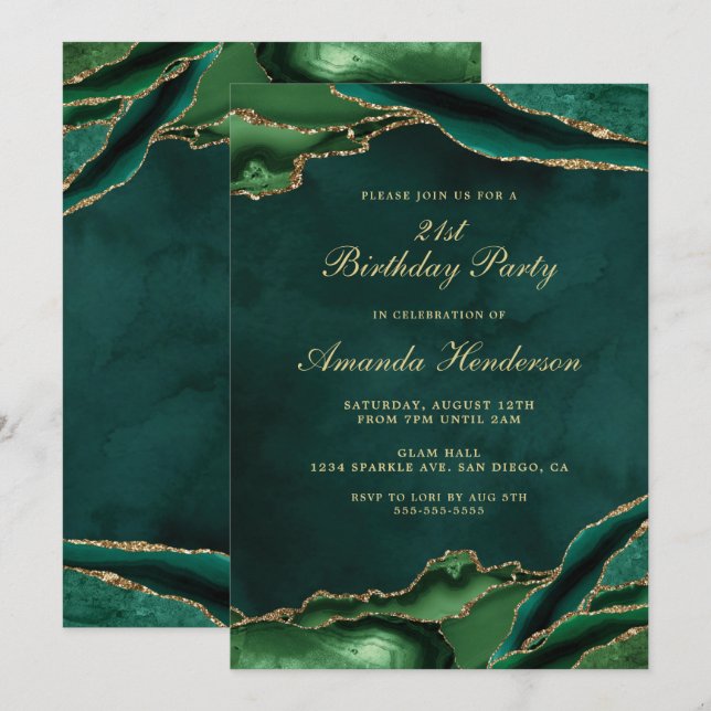 Invitación Mármol de Ágata Verde Esmeralda y Dorado (Anverso / Reverso)