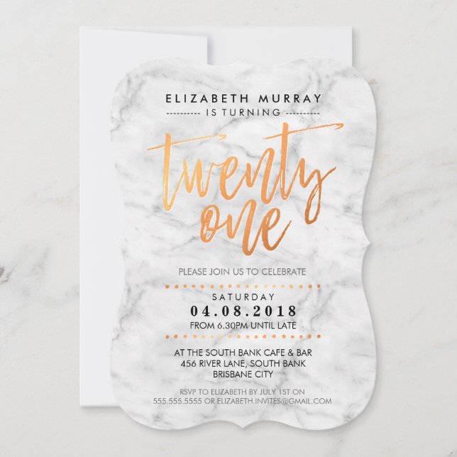 Invitación Mármol de cobre de moda tipo SCRIPT MANO LETTERED (Anverso)