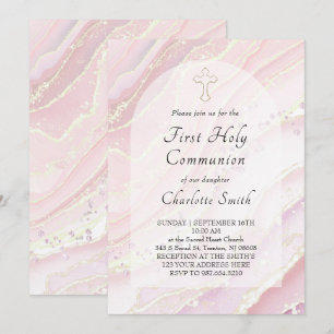 Invitación mármol de fluido rosa Primera Comunión