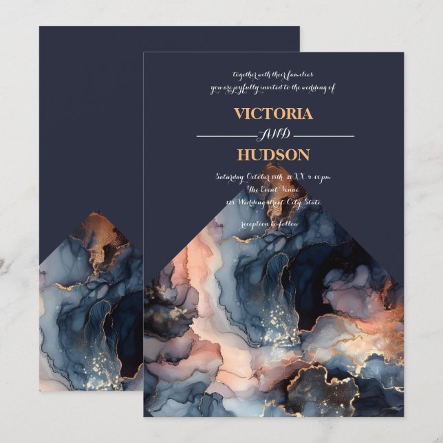 Invitación Mármol de la armada azul y oro (Anverso / Reverso)