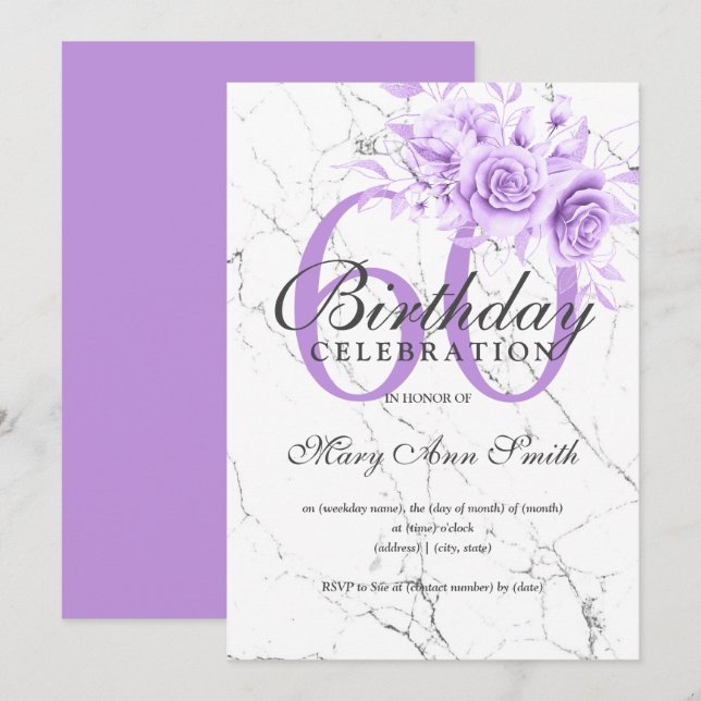 Invitación Mármol de la fiesta de cumpleaños 60 de Purple Flo (Anverso / Reverso)