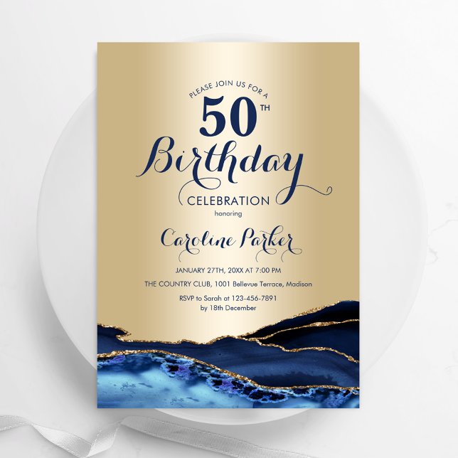 Invitación Mármol de la Marina Azul de Oro 50 cumpleaños (Subido por el creador)