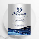 Invitación Mármol de la Marina Azul de Plata 50 cumpleaños<br><div class="desc">Invitación a la fiesta de cumpleaños número 50 en azul marino y plata. Elegante diseño moderno con acuarela azul real agate mármol fondo geodésico, plateado falso purpurina y tipografía tipo letra de guión. La carta de invitación de moda es perfecta para una elegante celebración del cumpleaños de las mujeres. Invitaciones...</div>