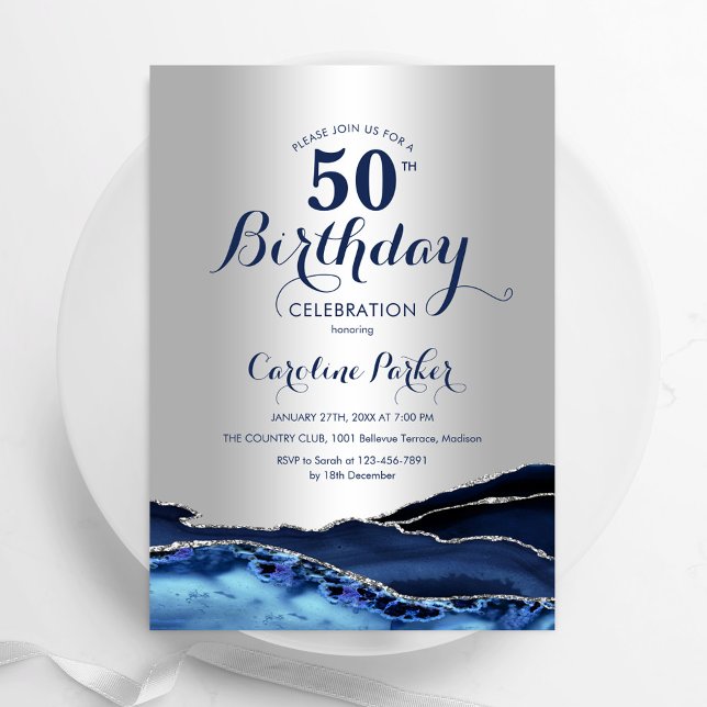 Invitación Mármol de la Marina Azul de Plata 50 cumpleaños (Subido por el creador)