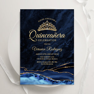 Invitación Mármol de la Marina Quinceanera de oro azul