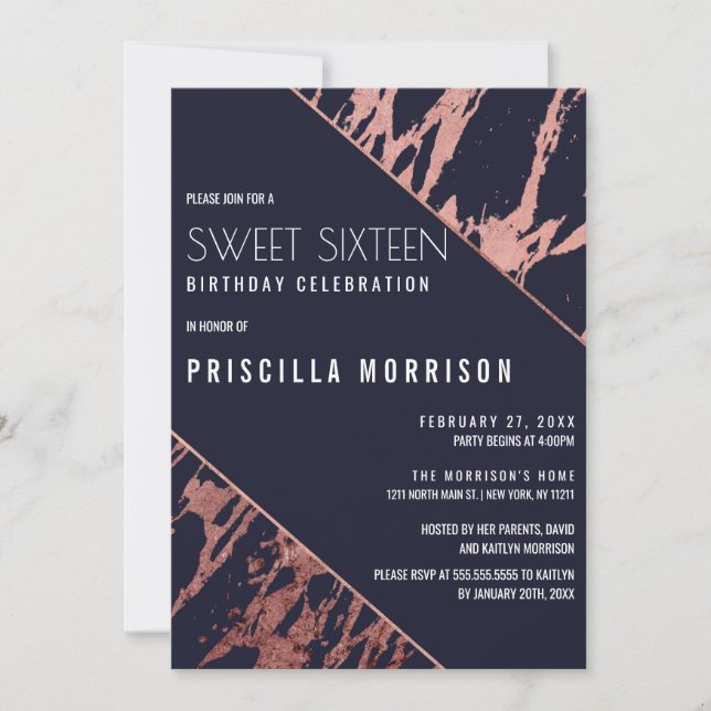 Invitación Mármol de oro azul Rosa marino Diagonal dulce 16 (Anverso)