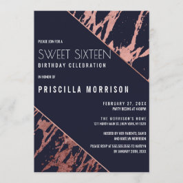 Invitación Mármol de oro azul Rosa marino Diagonal dulce 16