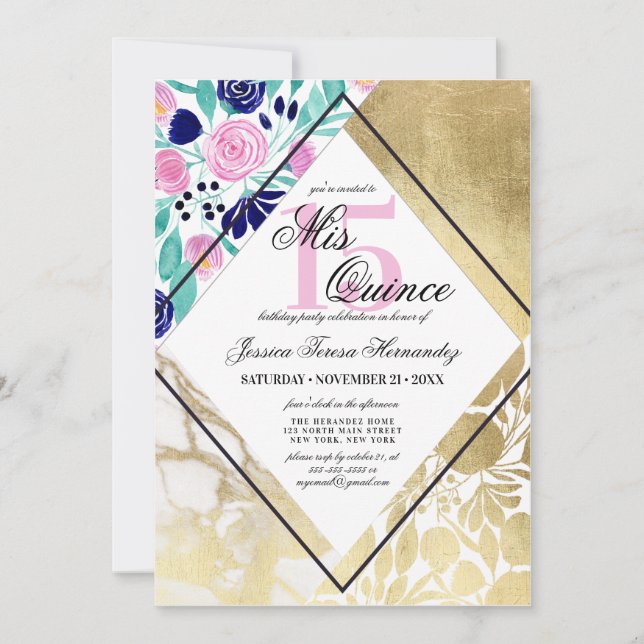 Invitación Mármol de oro de Girona Floral acuarela Mis Quince (Anverso)