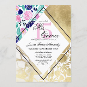 Invitación Mármol de oro de Girona Floral acuarela Mis Quince
