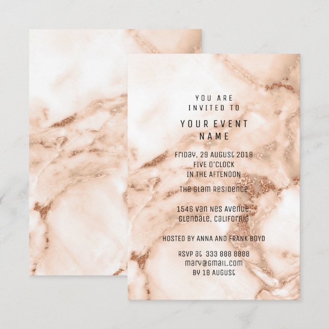 Invitación Mármol de oro de Rosa Peach (Anverso / Reverso)