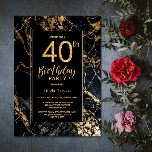 Invitación Mármol de oro negro 40.º Fiesta de cumpleaños (Subido por el creador)