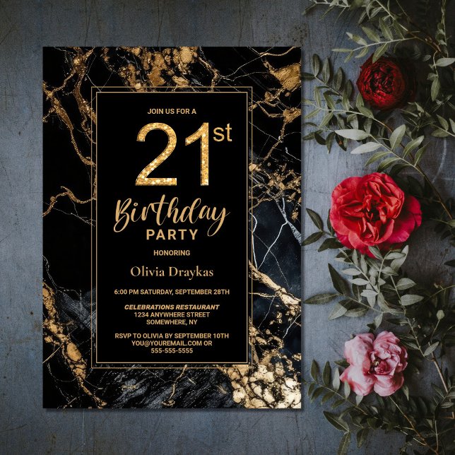 Invitación Mármol de oro negro Fiesta de cumpleaños 21 (Subido por el creador)