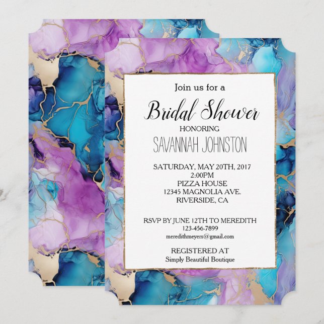 Invitación Mármol de oro púrpura de Aqua (Anverso / Reverso)