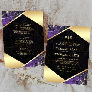 Invitación Mármol de Oro Púrpura Monograma Todo en Uno Boda