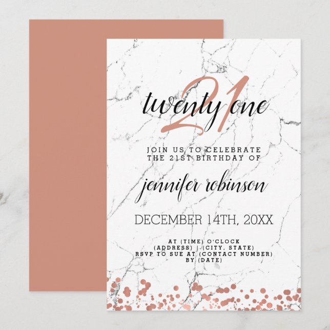 Invitación Mármol de oro Rosa  de Fiesta de cumpleaños 21 (Anverso / Reverso)