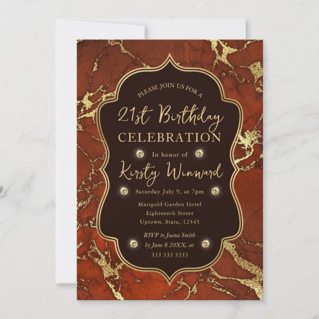 Invitación Mármol de otoño de Brown y Oro 21 cumpleaños (Anverso)