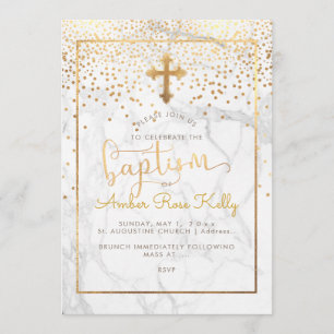Invitación Mármol de PixDezines+Faux Confetti de oro/bautismo