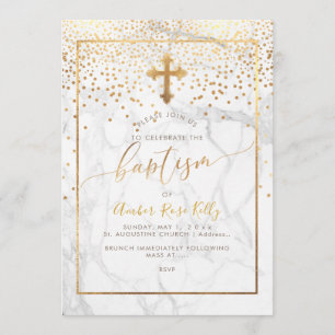 Invitación Mármol de PixDezines+Faux Confetti de oro/bautismo