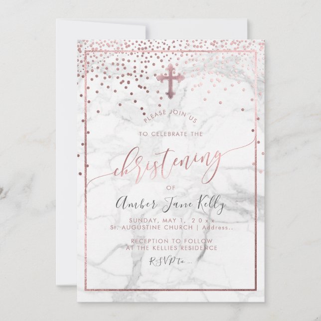 Invitación Mármol de PixDezines+Faux Rosa Gold/Christening (Anverso)