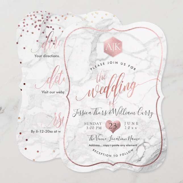 Invitación Mármol de PixDezines+Monograma+Faux RoseGold Honey (Anverso / Reverso)