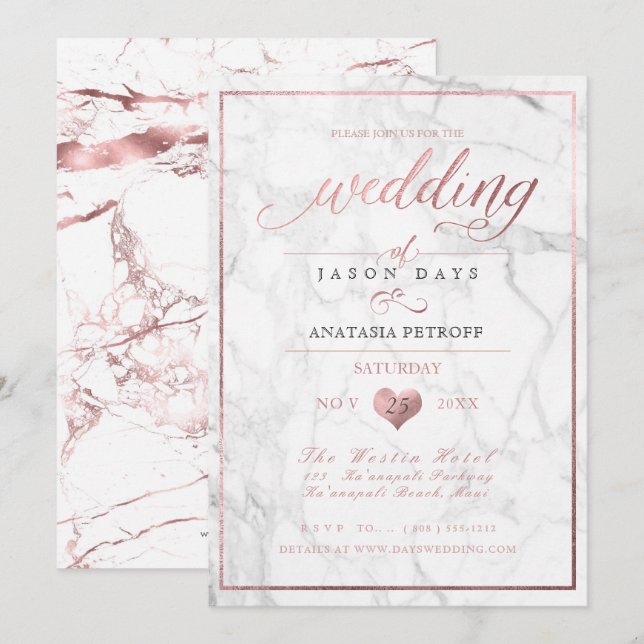 Invitación Mármol de PixDezines/Rosa de Faux Oro/Boda (Anverso / Reverso)