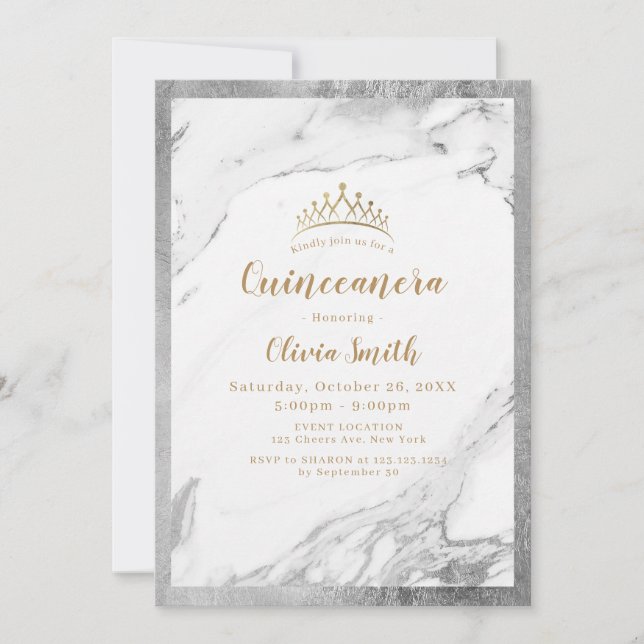 Invitación Mármol de plata dorada imitación Quinceanera (Anverso)