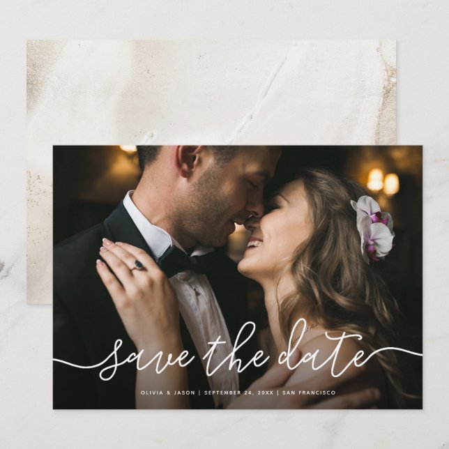 Invitación Mármol de script simple hacia atrás| Foto Guardar  (Anverso / Reverso)