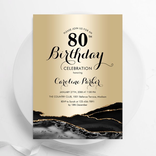Invitación Mármol del Agate Negro de Oro 80 cumpleaños (Subido por el creador)