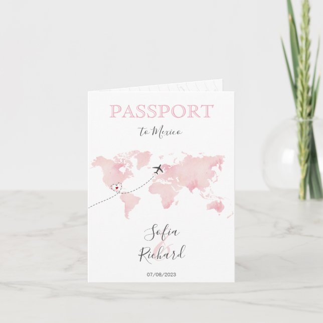 Invitación Mármol del mapa del mundo rosado de la pasaporte d (Anverso)
